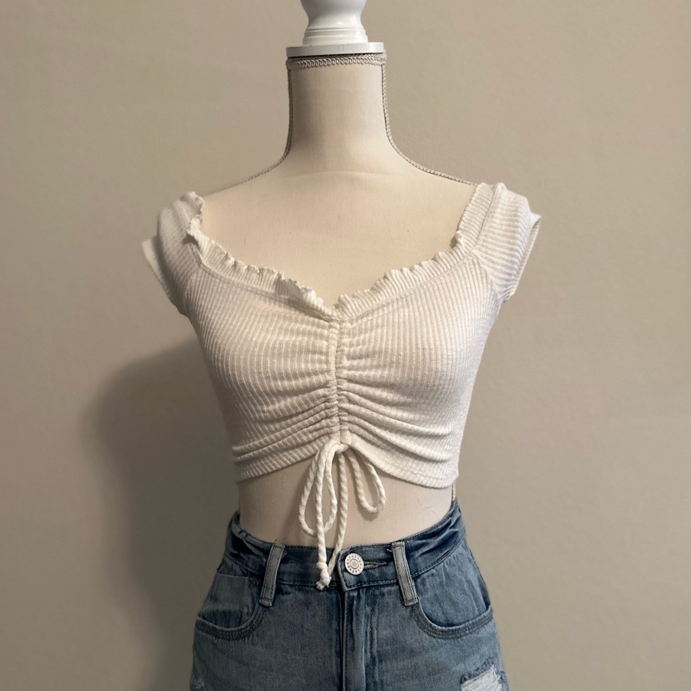 White Crop Top w/ Ruching and Drawstring Size Small